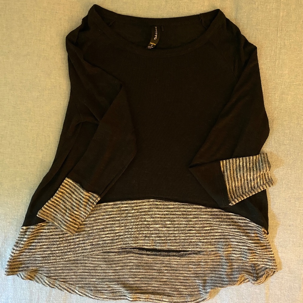 Lightweight High Low Black Sweater with Stripe Details